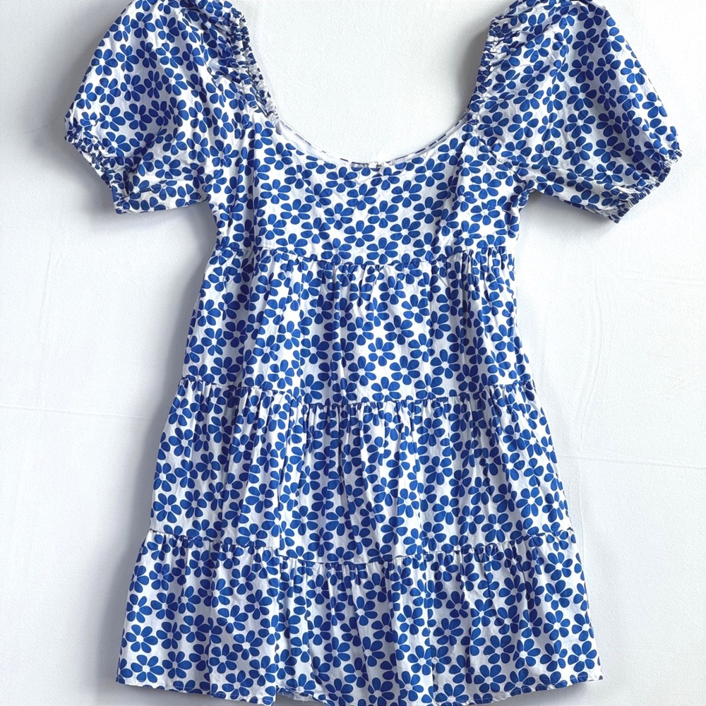 NIA Blue White Floral Daisy Tiered Mini Dress Puff Sleeve NWOT 100% cotton